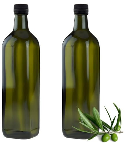 Lot de 2 bouteilles d'huile de 750 ml avec bec verseur, vert/marron, bouteilles en verre avec doseur et étiquettes