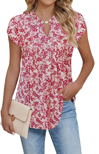 Cuptacc Chemisiers Femme Col en V Élégant Tops Beige Rouge Floral S 34-36