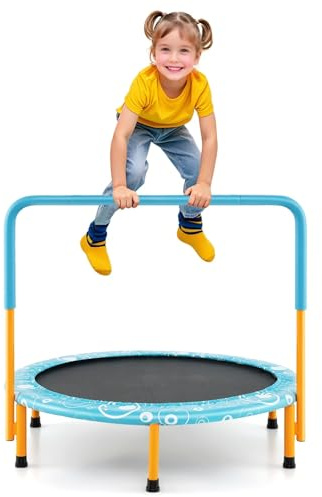 LIFEZEAL Trampoline Pliable φ92 cm, Trampoline de Fitness Enfant 3-10 Ans avec Poignée de Sécurité, Cadre Robuste en Acier avec Charge de 150 kg, Intérieur et Extérieur (Bleu+Orange)