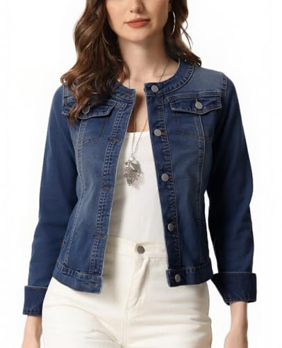 Ellunis Women’s Denim Jacket Cropped Short Length Collarless Round Neck Casual Jean Jacket