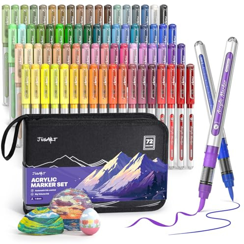 JusArt Pennarelli per pittura acrilica in 72 colori con borsa di tela, penne a base d'acqua senza sbavature con controllo automatico dell'inchiostro, pennarelli impermeabili con punta a pennello per