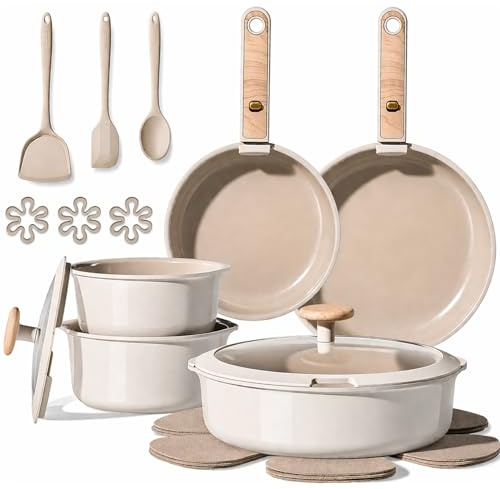 CAROTE Ceramic Pots and Pans Set, Cookware Set Detachable Handle, 19 Pcs Induction Kitchen Cookware Sets Non Stick with Removable Handle, RV Cookware Set, Oven Safe, Elegant White, Mothers Day Gifts
