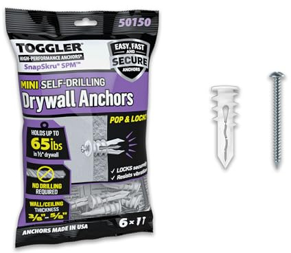 TOGGLER SnapSkru SPM Mini Self-Drilling Drywall Anchor with Screws, Glass-Filled Nylon, Made in US, for #6 to #8 Fastener Sizes (Pack of 6)