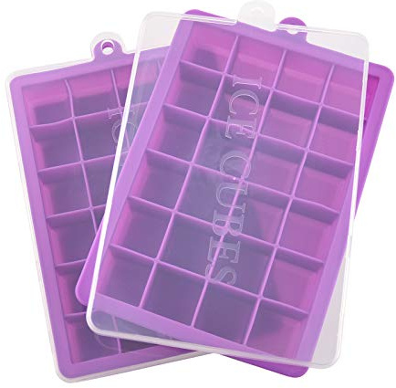 Ice Cube Tray, Silicone Square Ice Trays Easy Release Stackable Ice Cube Mold with Removable Lid, 24 Cavity (2 Pack, Purple)
