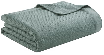 Madison Park 100% Egyptian Cotton Lightweight Summer Blanket, Breathable Waffle Knit Design, Soft Cozy All-Season Throw for Bed, Couch or Sofa, Teal Full/Queen Size (90x90)