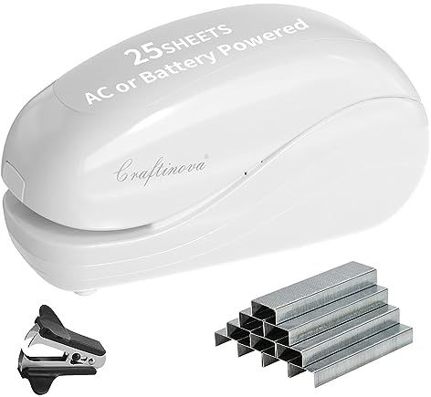 Craftinova elektrisk häftapparat, inklusive 2 000 häftklamrar och 1 häftborttagare, lämplig för palmstorlek och hög komfort, 25 arkkapacitet, AC-adapter eller batteridriven, batteri ingår inte, (vit)