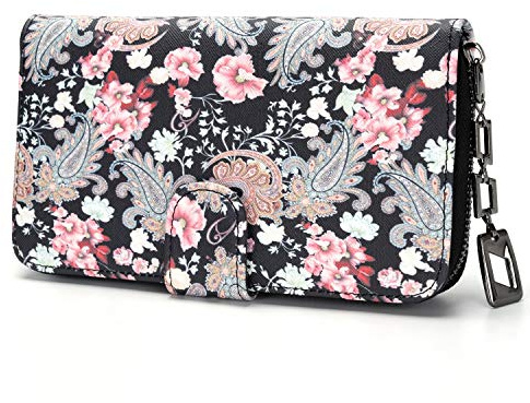 Portefeuille Femme Grand Format Porte Monnaieavec Motif de Fleurs et de Fleurs de Style Mandala et Ethnique Porte-Carte Femme avec Fermeture éclair et Bouton Pressions