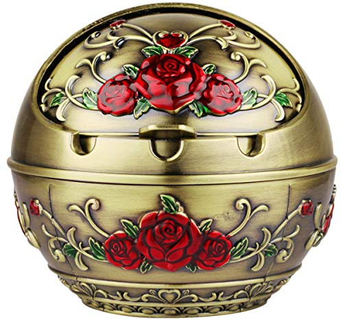 Riesiger Korb AM53 – winddichter Aschenbecher mit Deckel, Zigarettenaschenbecher aus Metall, Aschenbecher für drinnen und draußen (rote Rose, Bronze)