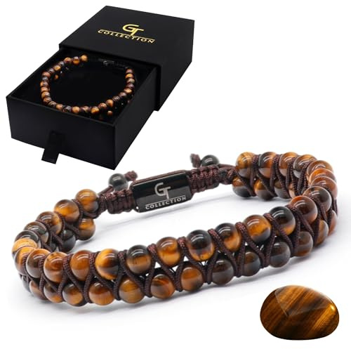 GT collection Men's Double Beaded Bracelet - Used for Its Grounding Effects – 100% Natural Wrapped - Adjustable Gemstones Beaded Bracelet for Men’s (Brown Tiger Eye Stone)