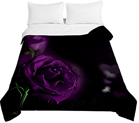 Chickw1 Tagesdecke Bettüberwurf Steppdecke, 3D Rose Blume Drucken Sommer Tagesdecken mit Präge Wohndecke aus Mikrofaser Gesteppt Bettdecke für Einzelbett Doppelbett (Lila Rose,180x220cm)