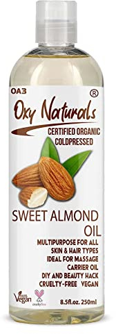 Oxy Naturals Certified Organic Sweet Almond Oil 250ml – 100% Pure, Cold-Pressed & Unrefined Almond Oil for Face, Body & Hair – Vegan & Cruelty-Free