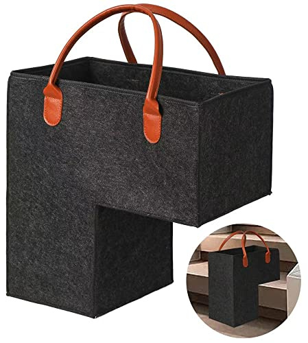 Levier Foldable Stair Step Basket with Leather Handle - Durable for Toys, Clothes, Books, Computers (Dark Grey)