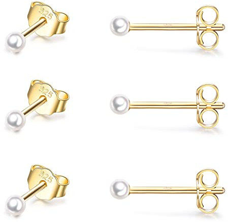 Sterling Silver Stud Earrings for Women- 3 Pairs of 2mm Tiny Pearl Earrings Set Cartilage Small Tragus Earrings Nose Lip Rings, Gold
