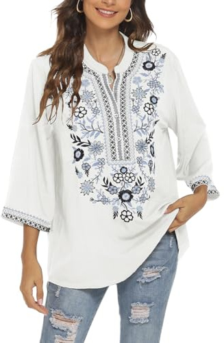 Seasonal Women's Boho Embroidered Tops Mexican Peasant Style Bohemian 3/4 Sleeve Shirt Hippie Clothes Summer Tunic Blouses