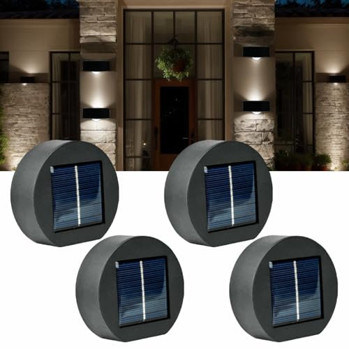 Hqynss Solar Wall lamp for Outdoor, Solar Lights for Outer Walls with up and Down, IP65 Waterproof, 4-Pack, for Balcony, Fence, Veranda, Courtyard, Lawn, Terrace, Warm Light