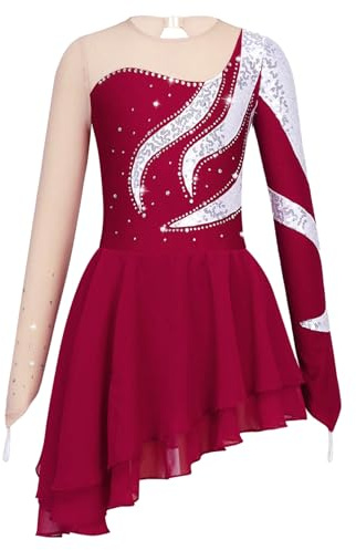 Manyakai Justaucorps Robe Patinage Artistique pour Fille Enfant Tenue Gymnastique Ballet Latine Danse Compétition Rouge 11-12 Ans