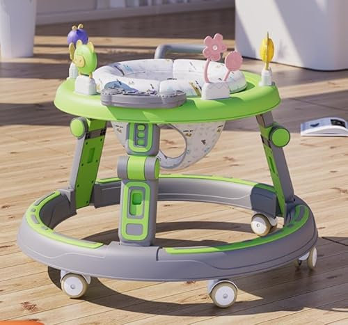 Multifunktionale Lauflernhilfe mit Musikspielzeug, Fußstütze, 360-Grad-Stummschaltung, 6 Räder, 360° Rotating Seat Baby Lauflernhilfen, zur Faltbar, für Babys ab 6 Monaten Geeignet,Grün
