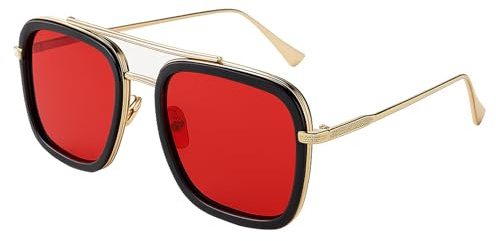 Musiook 1 PCS Retro Red Sunglasses Women, Mens Red Tinted Glasses, Polarized Glasses, Stylish Tint Sunglasses with Classic Square Gold Metal Frame for Fashion and UV400 Sun Protection