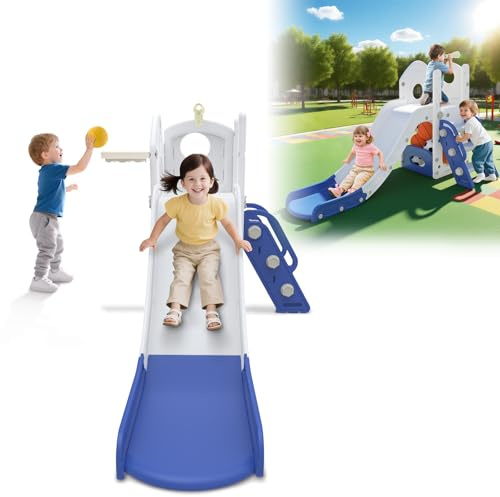 ACXIN Scivolo autoportante per bambini con nascondiglio e cestino da basket, set di parco giochi per interni ed esterni, in HDPE + plastica PP, blu e bianco, 141 x 154 x 86 cm, fino a 50 kg