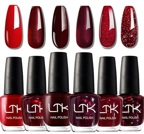 6 Pcs Red Nail Polish Sets - Bright Red Glitter Burgundy Nail Polish Kit - Breathable Nail Polish Long Lasting & Quick Dry Long Lasting - No Need UV Light for Women Girls New Year