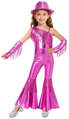 Yhong Bodysuit con Frange da Ballo Latino Bambina Jumpsuit Pantaloni Svasati Eleganti con Cappello Paillettes e Maniche Tuta Lucida da Danza Jazz Salsa Festa B Rosa scuro 9-10 anni