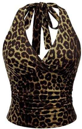 VorErgyllic Women's Leopard Print Crop Top | Ruched Backless Halter Neck TieTop with Lace Trim | Sexy Grunge Punk Y2K Cami for Party, Club & Night Out