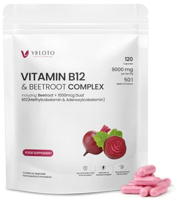 VELOTO Beetroot Capsules with Vitamin B12, High Strength 9000mg 50:1 Extract, 1000mcg Dual Active B12 Methylcobalamin & Adenosylb12, Vegan, Supports Energy Circulation & Immune Function, 120 Capsules