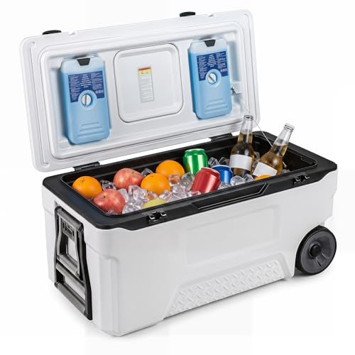 COSTWAY kylbox, stor termolåda av plast med hjul och handtag, isoleringslåda med dräneringsplugg, mugghållare och säkerhetslås, bärbart kylskåp för camping och picknick