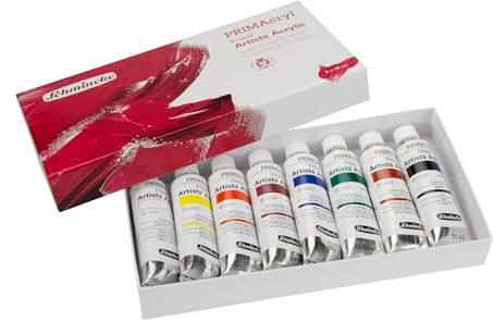 Schmincke - PRIMAcryl feinste Premium Acrylfarben, Grundsortiment 8 x 35 ml, 73208097, Kartonset, höchste Pigmentierung, Brillanz, Deckkraft, Ergiebigkeit