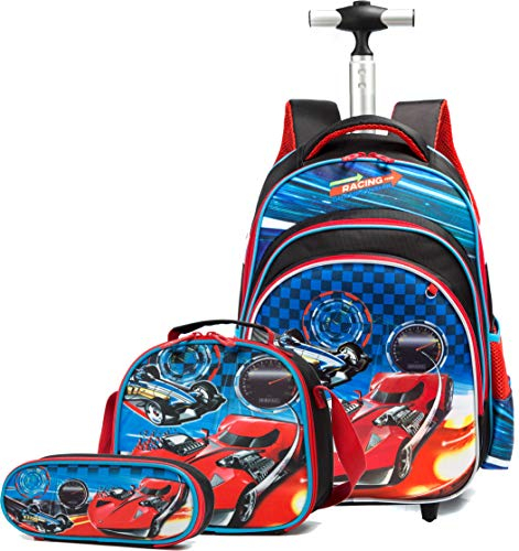 Schultrolley für Mädchen Junge Trolley Rucksack Cars Schulranzen,HTgroce Schultaschen Schulrucksack Rennwagenmotiv Muster 3 Teile Set mit Rollen für Kinder Junge und Mädchens Klasse 5-12