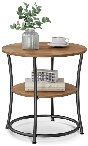 VASAGLE 21.7-Inch Round Side Table, 2-Tier End Table, Nightstand with Steel Frame, Spacious Top, for Small Spaces, Living Room, Bedroom, Honey Brown and Ink Black ULET056B41