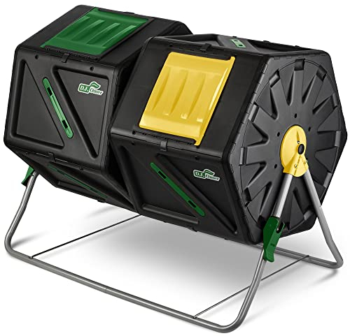 DF OMER, Barilotto Girevole per Compostaggio Veloce, Compostiera Robusta Grande a Doppia Camera 2 x 105 l con 2 Porte Scorrevoli per Tutte le Stagioni
