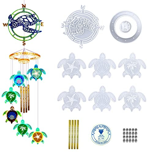 DeryArcle 33Pcs Wind Chimes Epoxy Resin Molds Kit Turtle Shape Wind Bell Silicone Mold Tortoise Coaster Mould Wall Hanging Casting Moulds for Home Decorations (Wind Chime Mould)