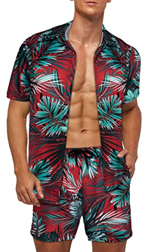 Wirltte Mens Hawaiian Shirt and Shorts Set Tropical Floral Print 2 Piece Outfits