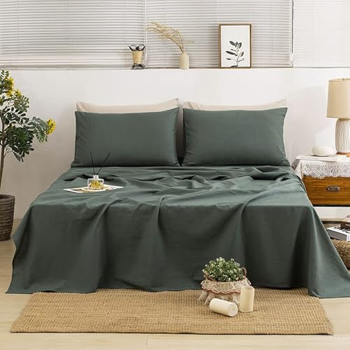 TUMEI Bed Linen Set - 4Pcs Linen Sheets Set King, Green, Soft Breathable and Durable, Deep Pocket Fitted Sheet & Flat Sheet & 2 Pillowcases