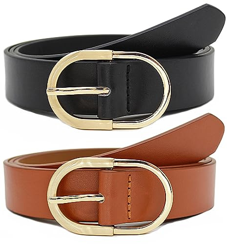 Longwu Lot de 2 ceintures en cuir pour pantalons jeans, ceintures en cuir tendance pour femme avec boucle dorée