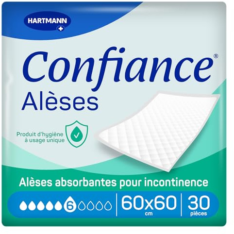 Confiance Alèse - Alèses pour la Protection de la Literie ou du Fauteuil - Niveau d'Absorption = 6 Gouttes - Dimensions = 60 x 60 cm - 30 unités