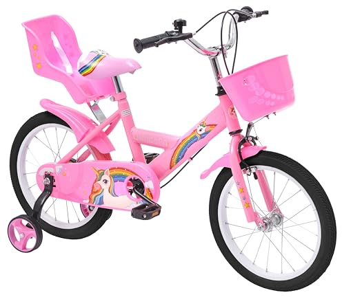 Baroni Toys Bicicletta per Bambine con Unicorno Rosa 16 Pollici con Porta bambola e Rotelle Inclusi, Bici in Acciaio con Cestino per Bambina, Rosa, da 4 a 7 anni, 78x49x60 cm