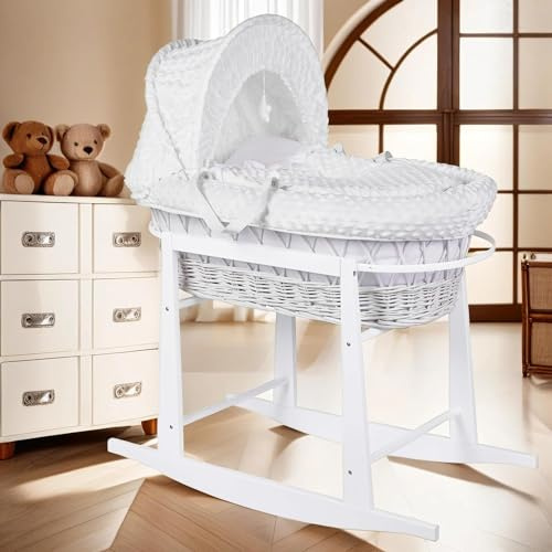 Babymam Moses Basket Wicker White Rocking Stand Baby Padded Dimple White Bedding Full Set with Mattress