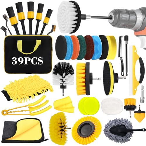 TEGOVE Kit Pulizia Auto da 39 Pezzi per Interni ed Esterni,Spazzole per Trapano,Kit Spazzole Pulizia Auto con Spugne lucidanti,Panni in Microfibra,Pratica Borsa per Il Trasporto Inclusa