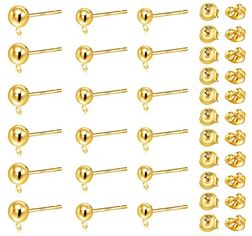 Gold Earrings Studs Blanks, Hypoallergenic 18 Pieces Small Ball Stud Earrings with Loop 22 Pieces Earring Butterfly Clasps Stud Earrings for DIY Earrings Jewelry Making