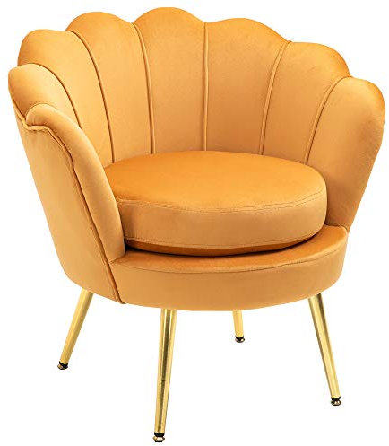 HOMCOM Sessel Polstersessel in Muschelform Relaxsessel mit Metallbeinen, Schminkstuhl mit Samtoptik, für Schlafzimmer Wohnzimmer, Gelb