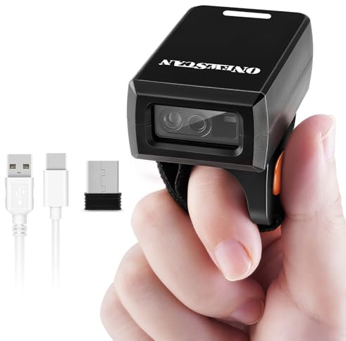 Lettore di codici a barre, lettore di codici a barre 1D 2D QR Mini scanner da dito indossabile senza fili con connessione wireless e cablata da 2,4 GHz e scanner di codici a barre ad anello Bluetooth