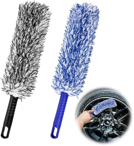 YUFFQOPC 2 Stück Microfaser Felgenbürste,Biegsam Felgenreiniger Bürste, Ergonomischer Griff,Felgen Bürste für Schonende Reinigung Verschiedene Felgentypen (Blau, Schwarz)