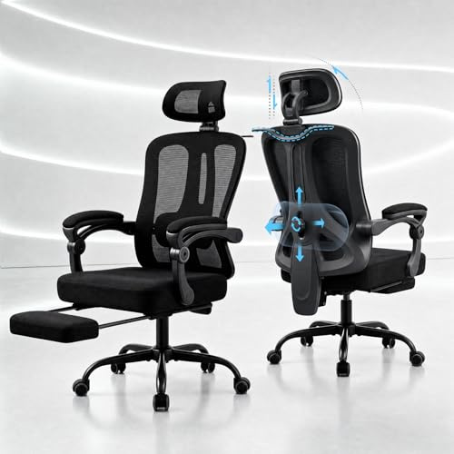 Submi Sedia da Ufficio Ergonomica, Sedia da Scrivania con Schienale in Rete Traspirante,Sedia computer con Poggiapiedi, Supporto Lombare e Altezza Regolabile per Home,adulti, 150 kg, Nero