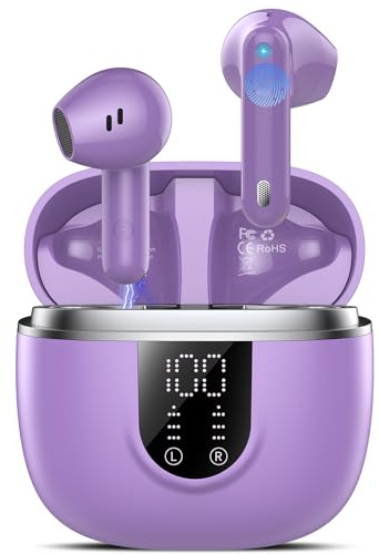 Écouteurs intra-auriculaires sans fil Bluetooth 5.4, son Hi-Fi avec réduction du bruit ENC, autonomie de 45 heures, affichage LED, étanchéité IP7, pour le travail et l'étude, violet