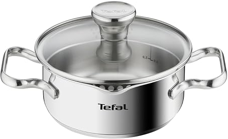 Tefal Duetto Kochtopf A70542 | 16 cm| Induktionsgeeignet | Einfache Reinigung | Messskala | Glasdeckel zum Abgießen | Edelstahl