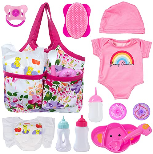 Ecore Fun 13 Piece Baby Doll Accessories Feeding and Caring Set Includes Diaper Bag Clothes Diapers Baby Bottles Dinner Plate Pacifier Comb Babies Pretend Play Set for Toddlers Kids