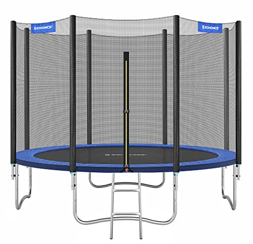 SONGMICS Trampolin Ø 366 cm, Gartentrampolin für Kinder mit Sicherheitsnetz, Randabdeckung, Leiter, 180 cm hohe gerade Stangen, Stahlrahmen, blau STR124V1