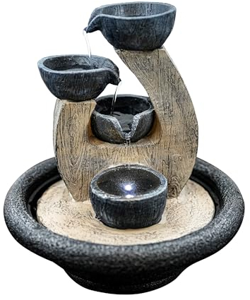 GEEZY Indoor Water Fountain - 4 Bowls Design Water Feature with LED Lights - Mains Powered & Self-Contained, Table Top, Relaxing & Tranquil - Perfect for Home, Living Room, Office Decor